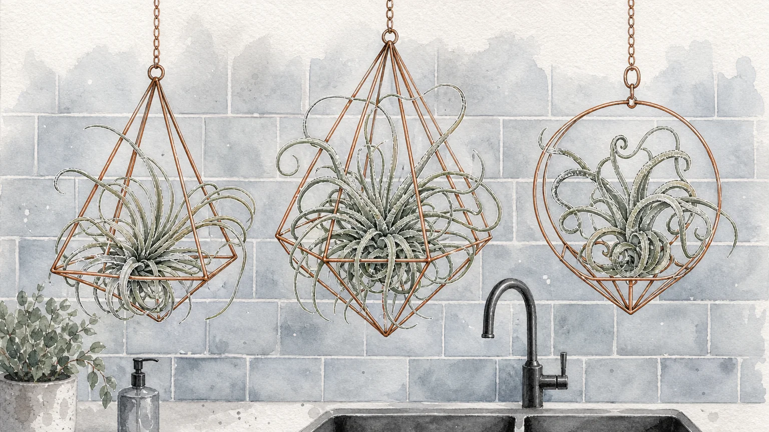 An elegant modern botanical illustration of three air plants in hanging copper geometric frames against a gray-blue tiled wall.