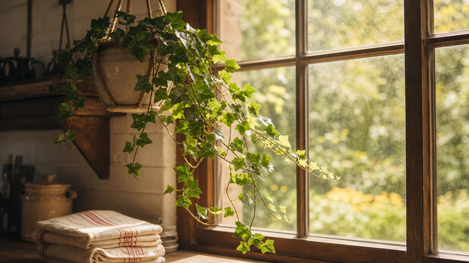 An English ivy plant in a hanging pot trailing across a rustic multi-paned kitchen window in soft afternoon light.