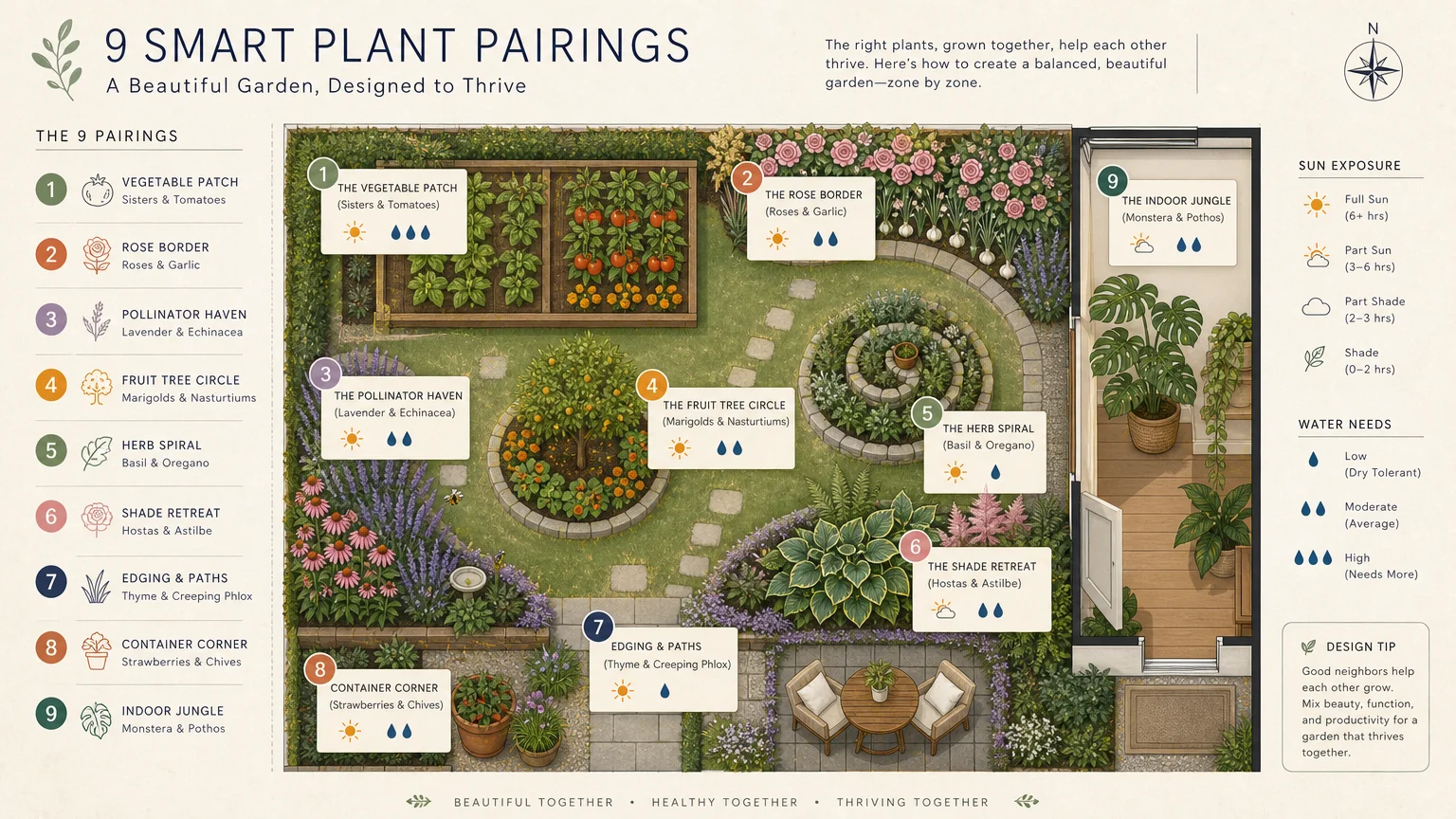 An illustrated garden map showing where to place the different plant pairings for a healthy and beautiful landscape.