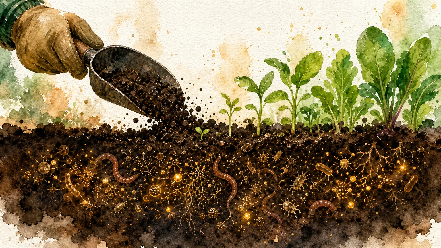 An illustration of a hand applying organic fertilizer to nutrient-rich soil.