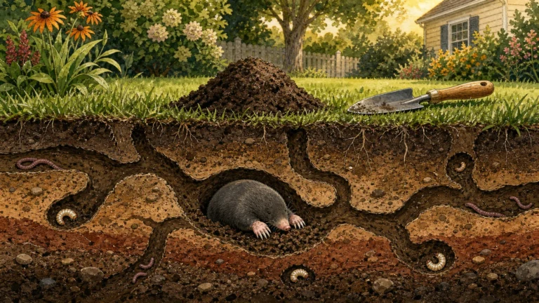 An illustration of a mole digging tunnels beneath a lush green lawn.