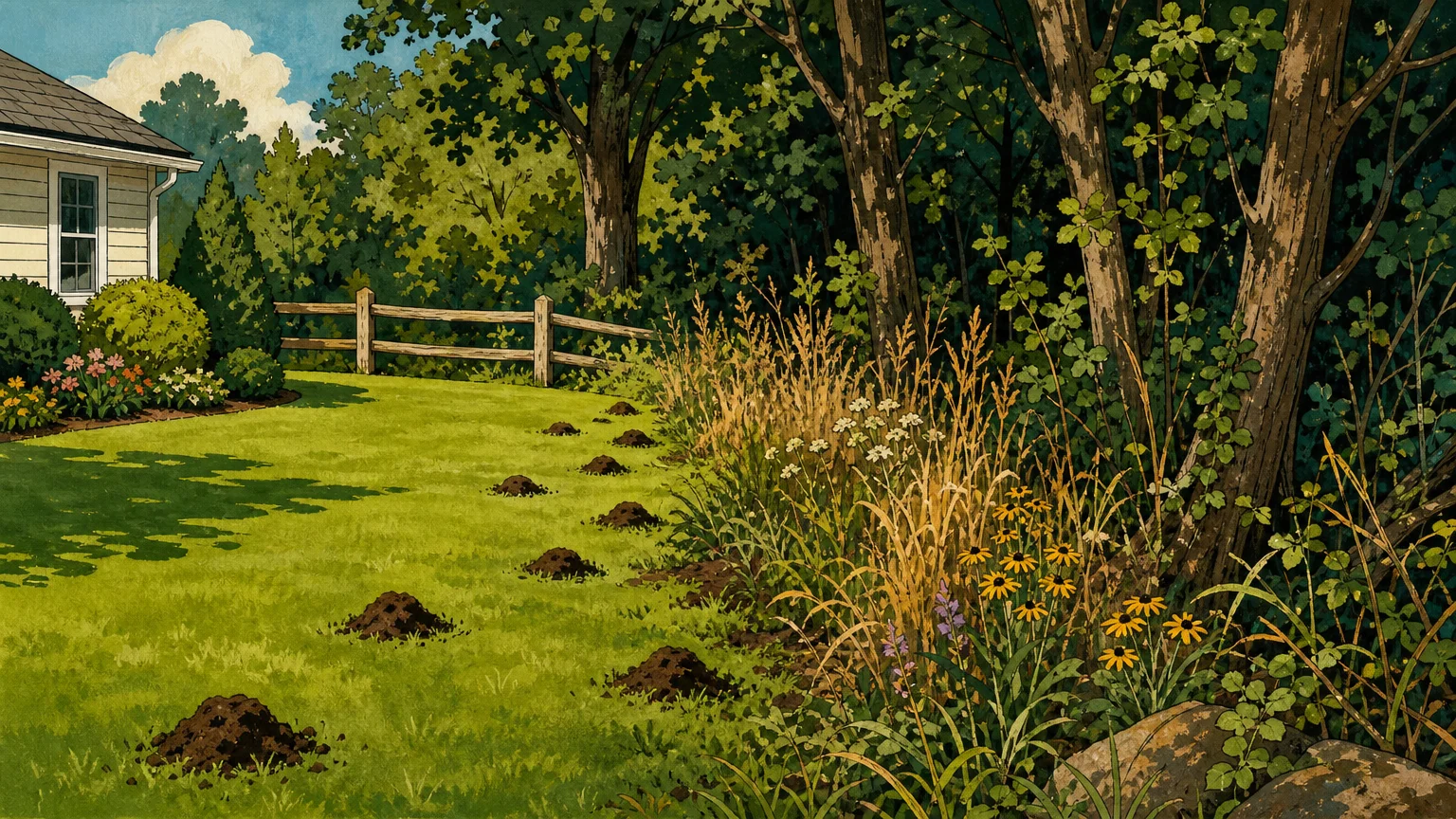 An illustration of a neat lawn bordering a wild, unmanaged woodland.