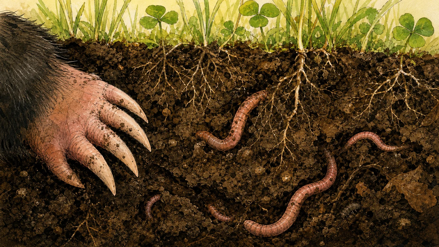 An illustration of earthworms wriggling through rich, dark garden soil.