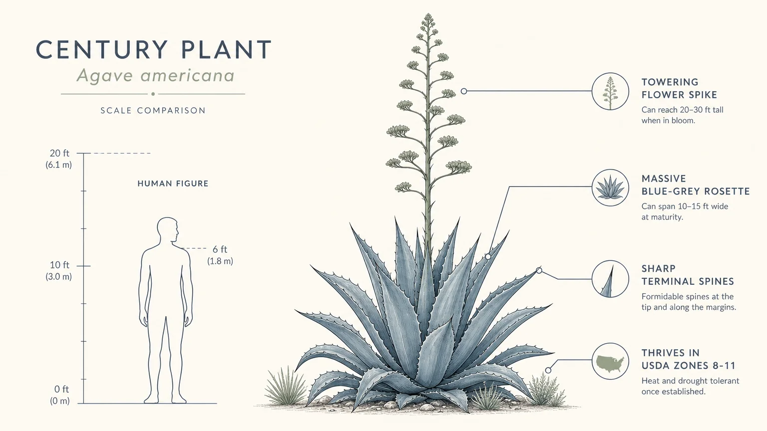 An infographic diagram comparing the massive scale of a Century Plant rosette and flower spike to a human figure, labeled clearly.