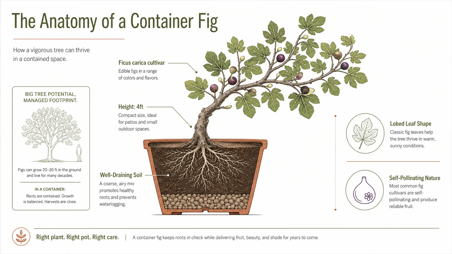 An infographic diagram of a 4-foot dwarf fig tree in a pot, showing its height and lobed leaves.