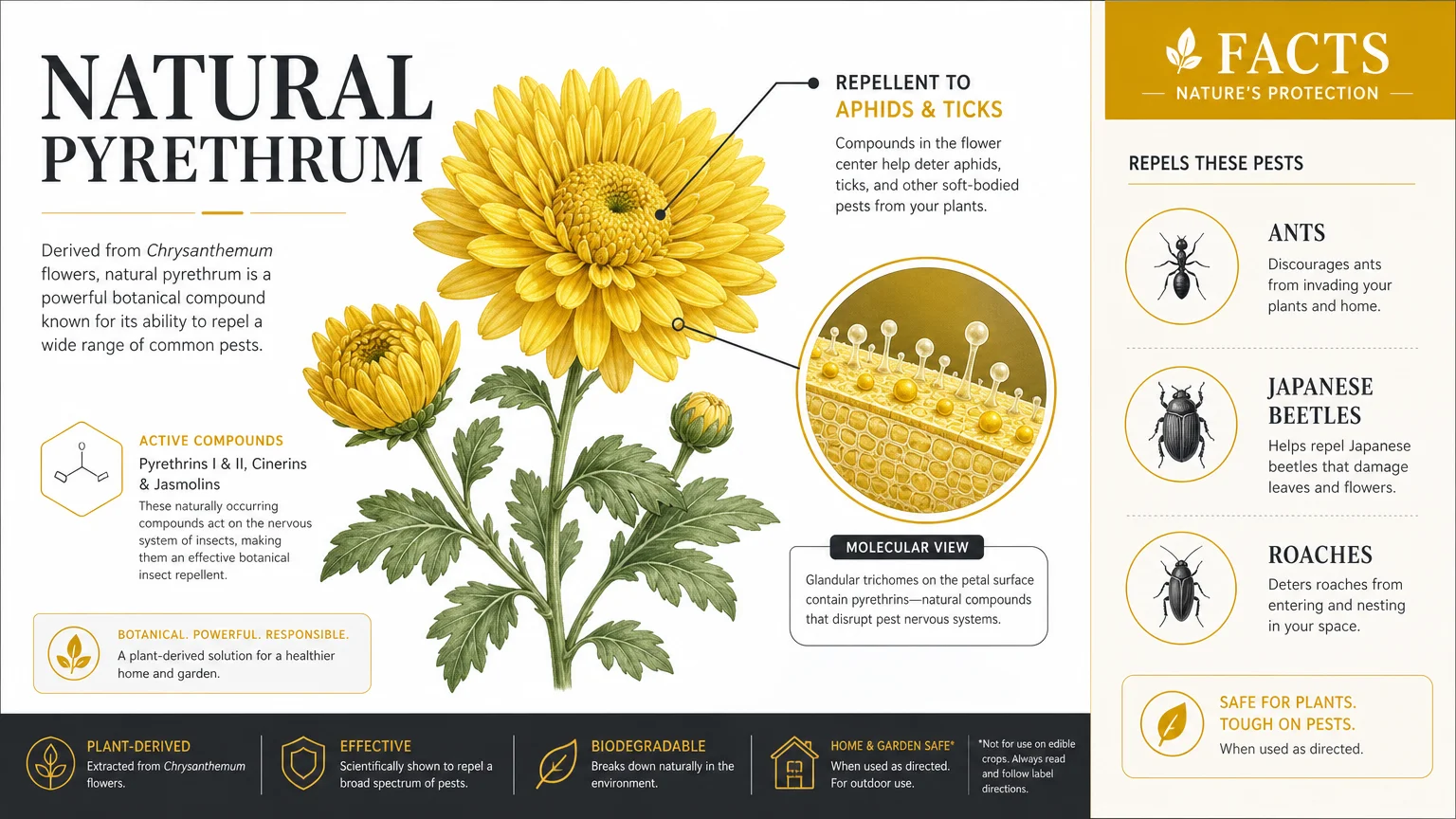 An infographic showing a chrysanthemum flower and identifying pyrethrum as its natural insect-repelling component.