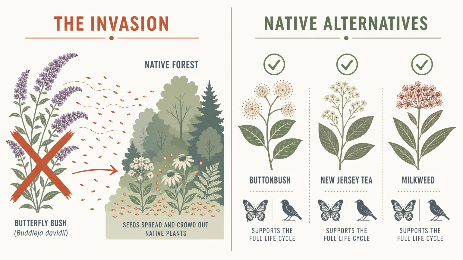 An infographic showing how butterfly bush spreads into native forests and listing better native plant alternatives.