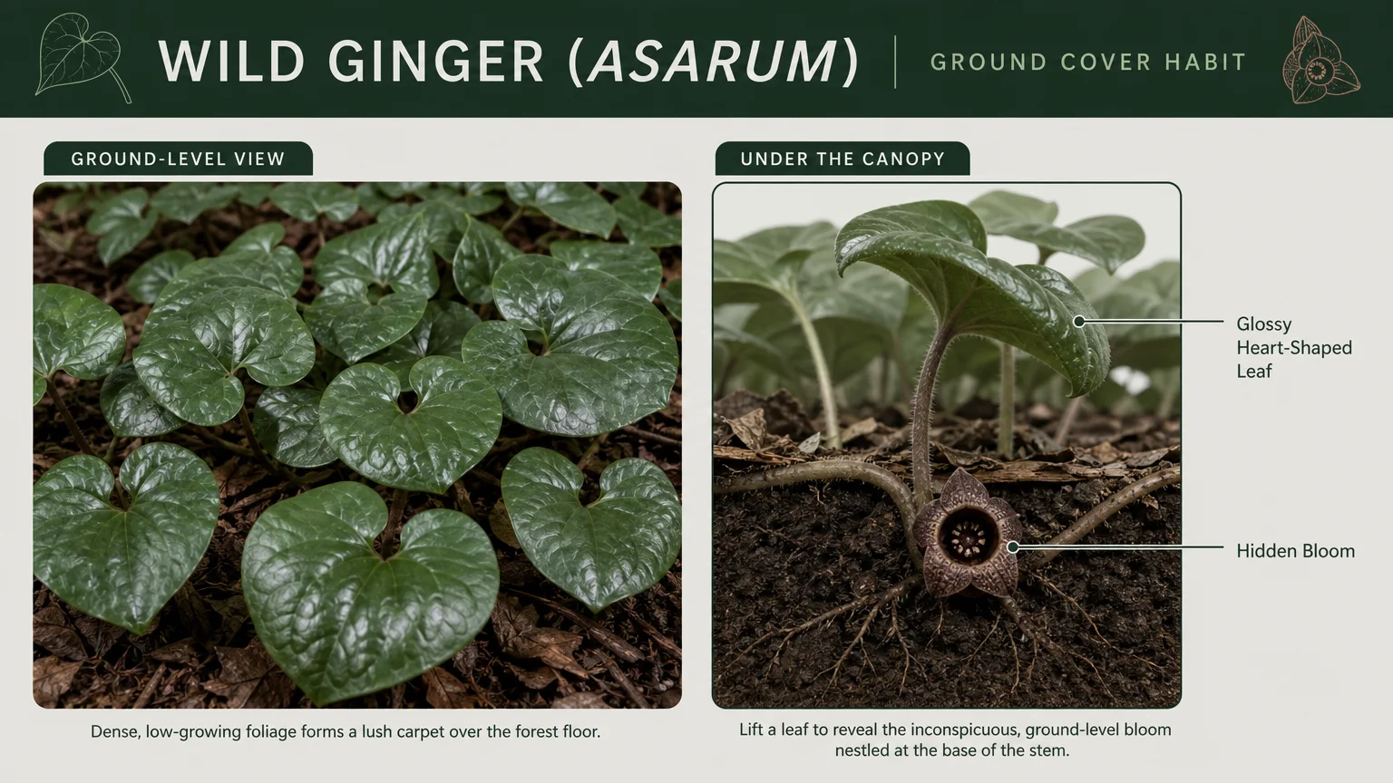 An infographic showing the low-growing habit of Wild Ginger, including a cross-section of its hidden ground-level flower.