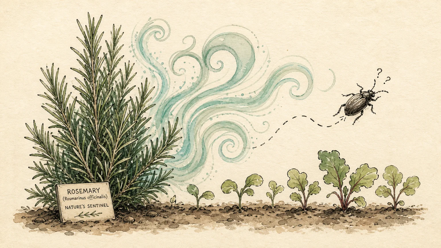 An ink and watercolor drawing of a rosemary bush acting as a protective barrier for a vegetable garden.