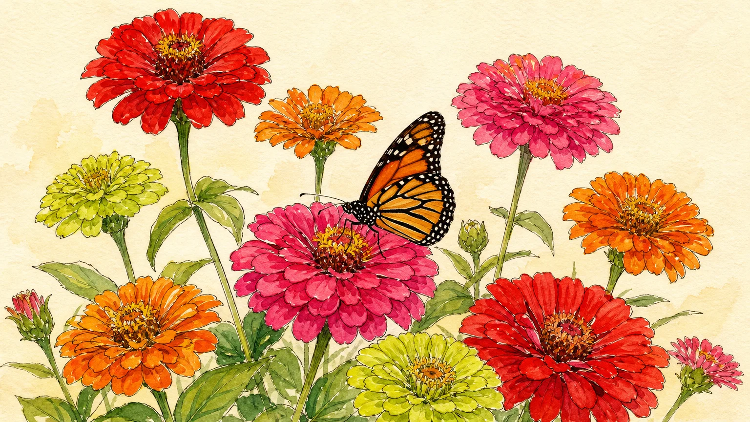 An ink and watercolor illustration of vibrant, multi-colored zinnia flowers with a monarch butterfly landing on a bloom.