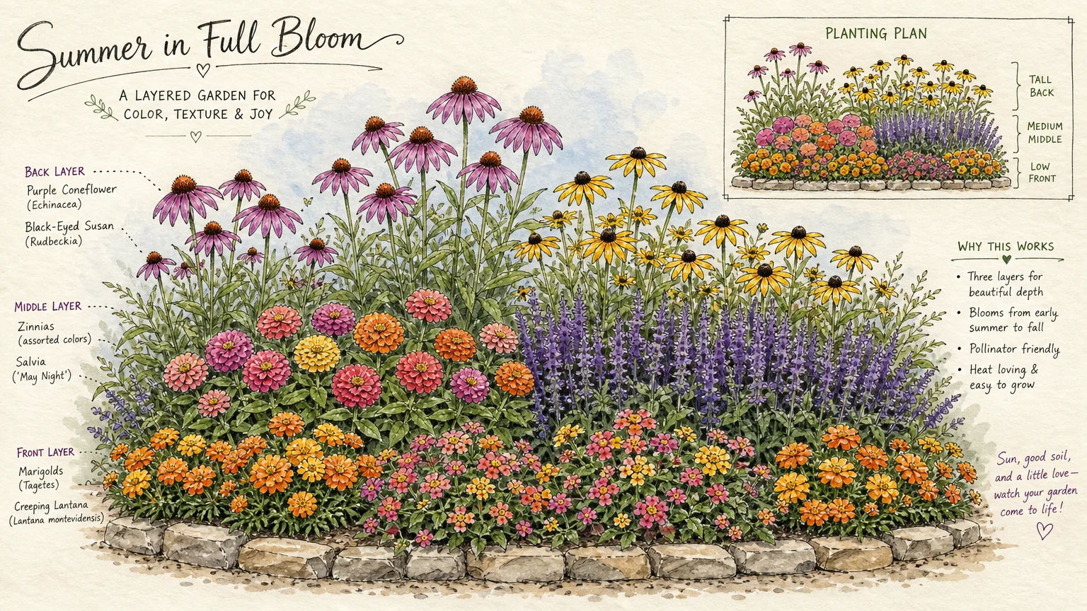 An ink and watercolor illustration showing a layered garden plan with tall, medium, and low summer flowers.