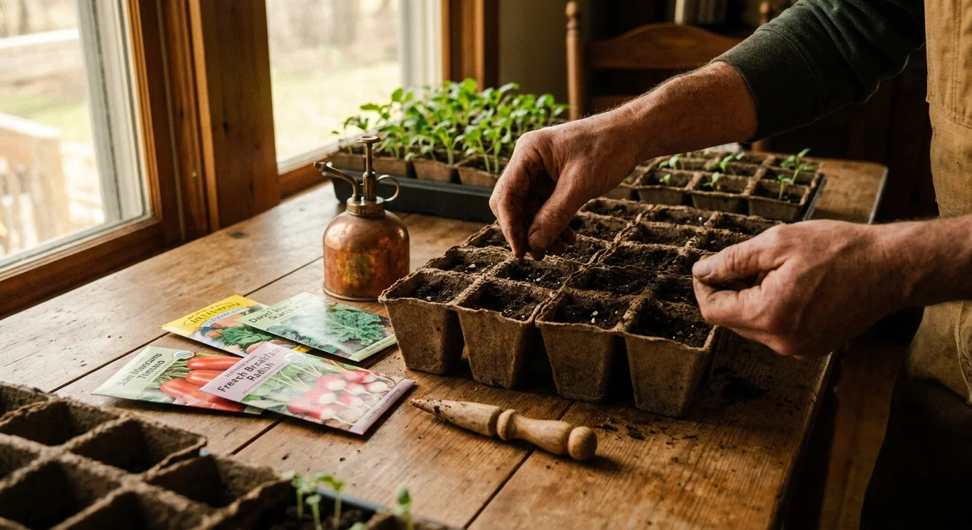 An overhead photograph of hands planting seeds into small peat pots on a sunlit wooden kitchen table.