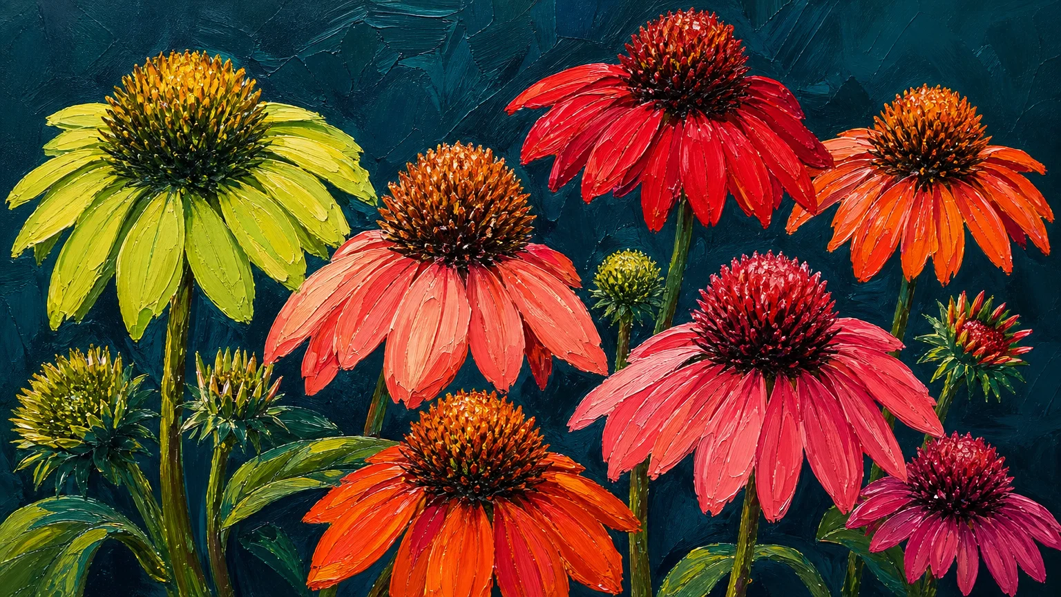 Bold gouache painting of coneflowers in unusual lime green and bright coral colors against a dark background.