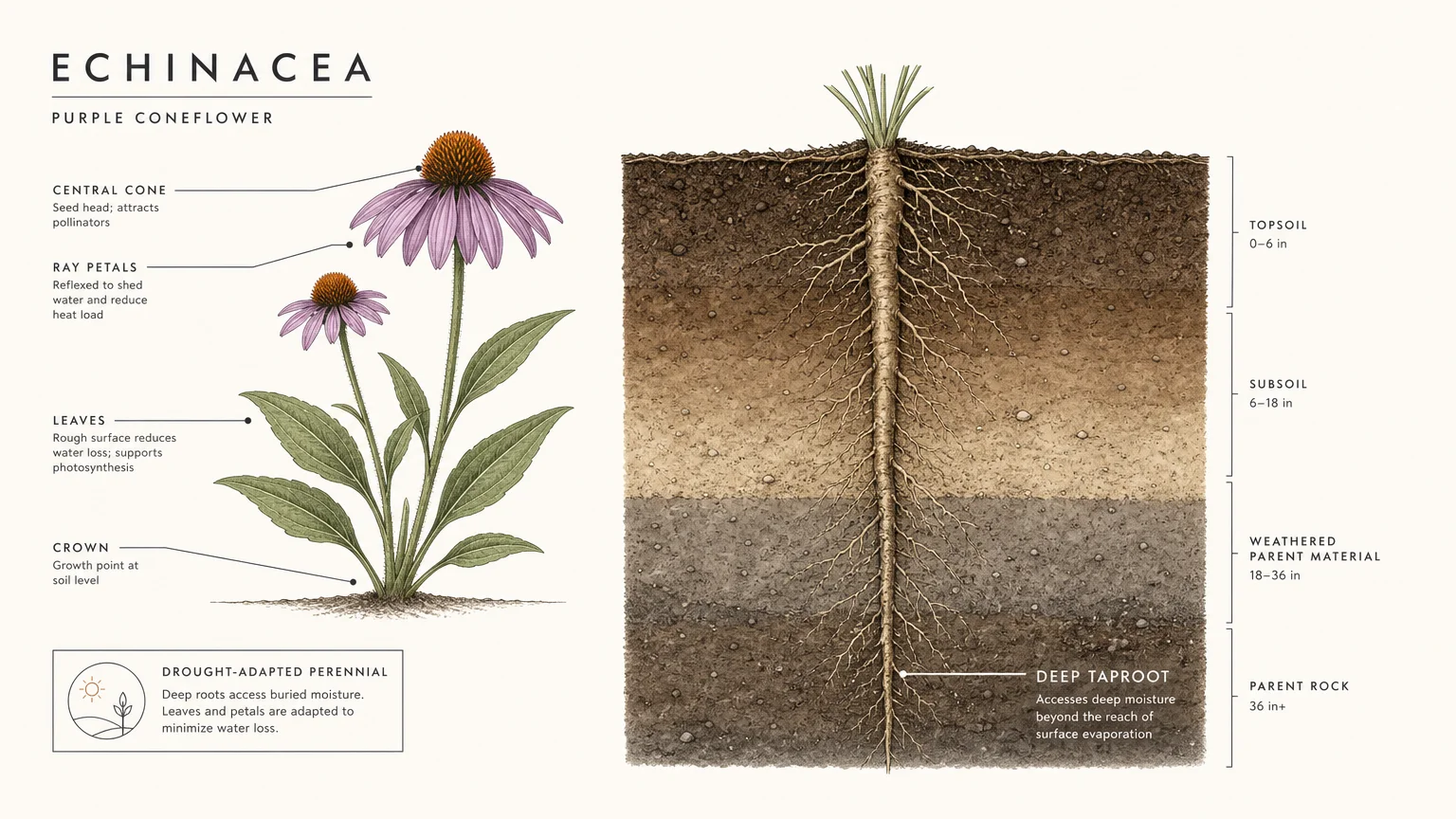 Botanical cross-section diagram showing a coneflower's deep taproot system extending into the soil.