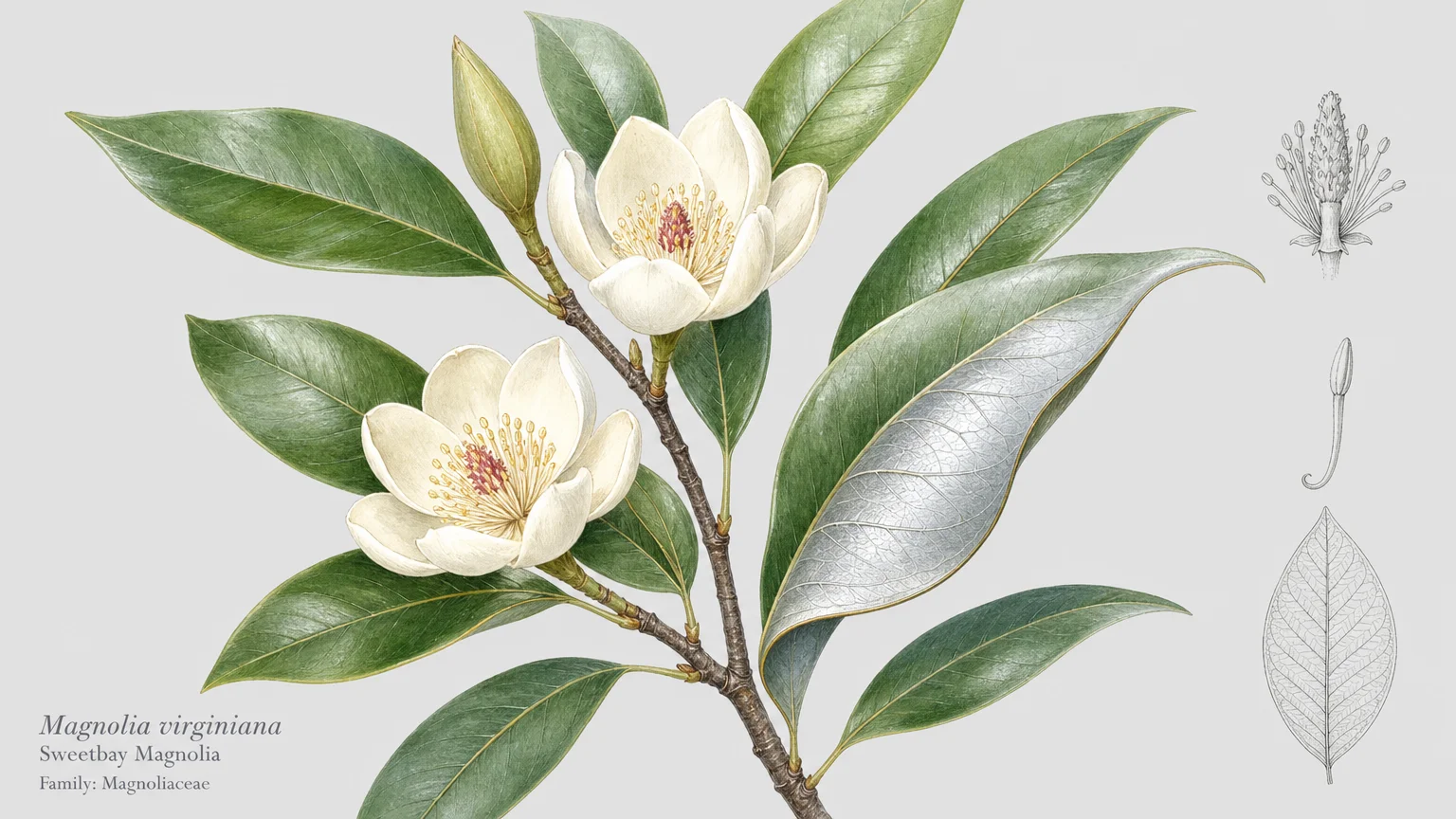 Botanical illustration of a Sweetbay Magnolia with creamy white cup-shaped flowers and lanceolate leaves with silver undersides.