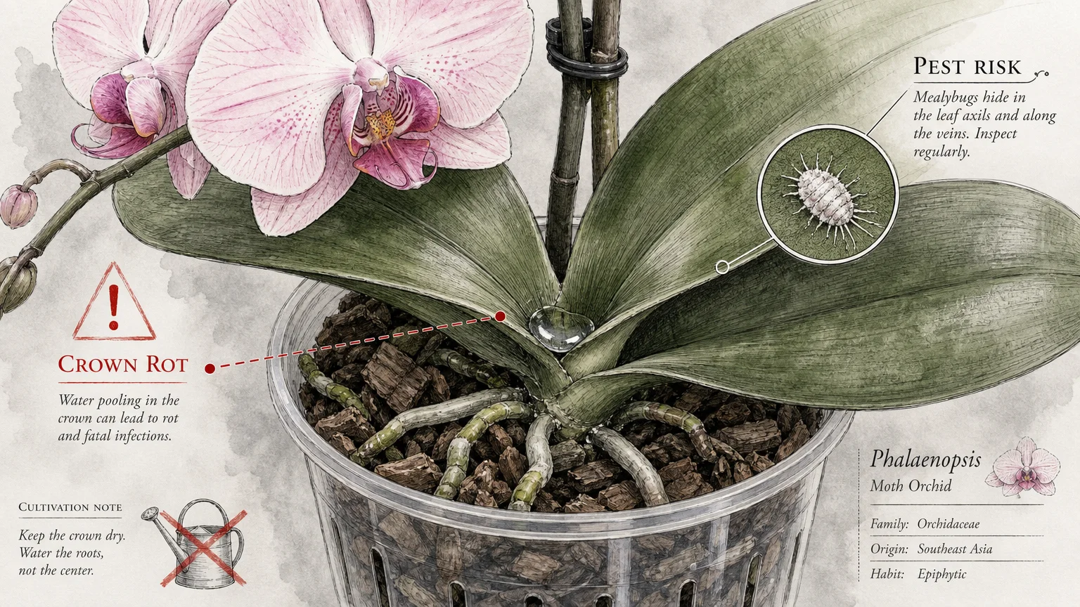 Botanical watercolor illustration of a moth orchid, highlighting the danger of water pooling in its central crown and pest risks.