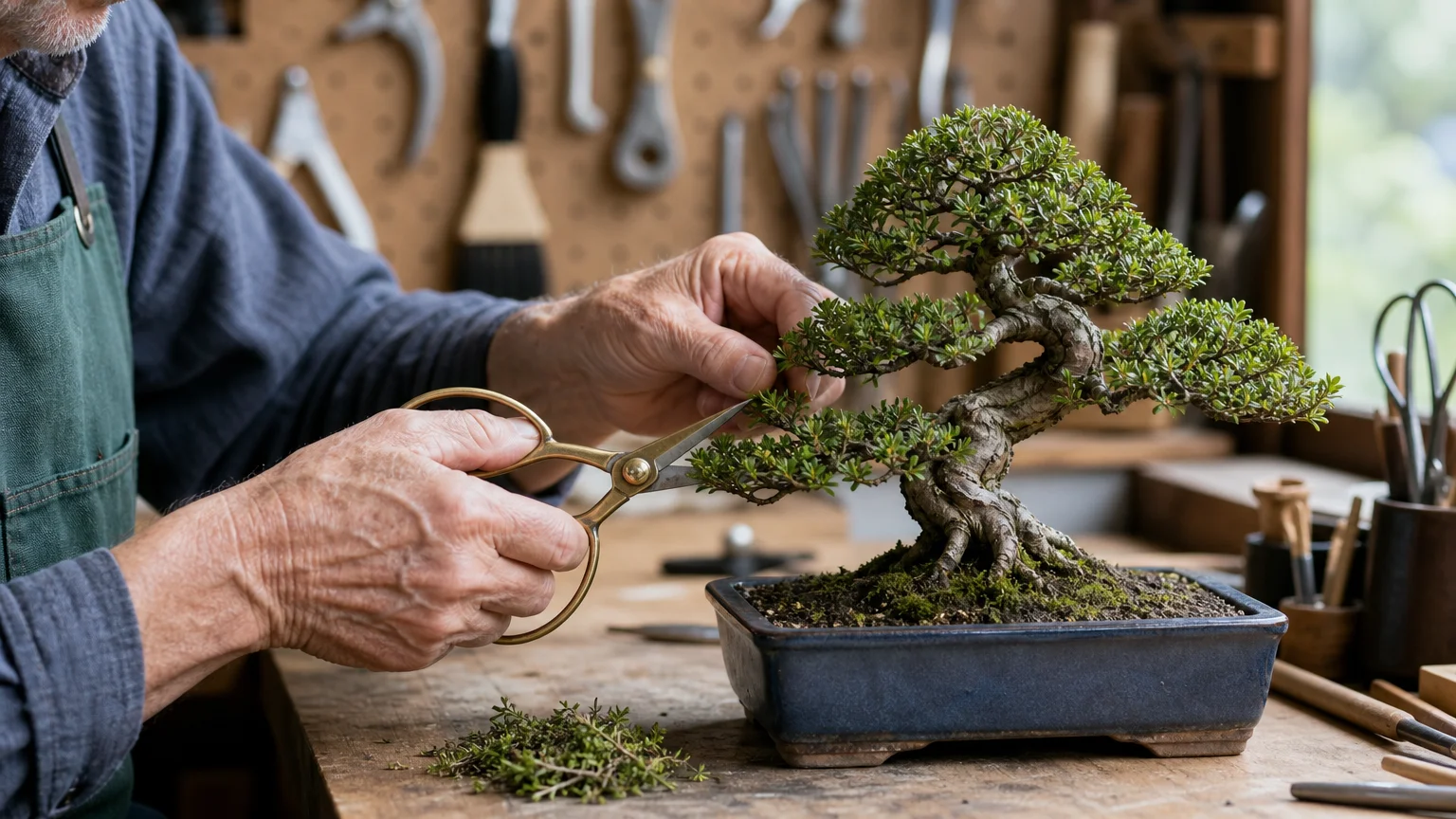 Close-up of a gardener's hands using brass shears to carefully prune a small, intricately shaped Bonsai tree on a workbench.