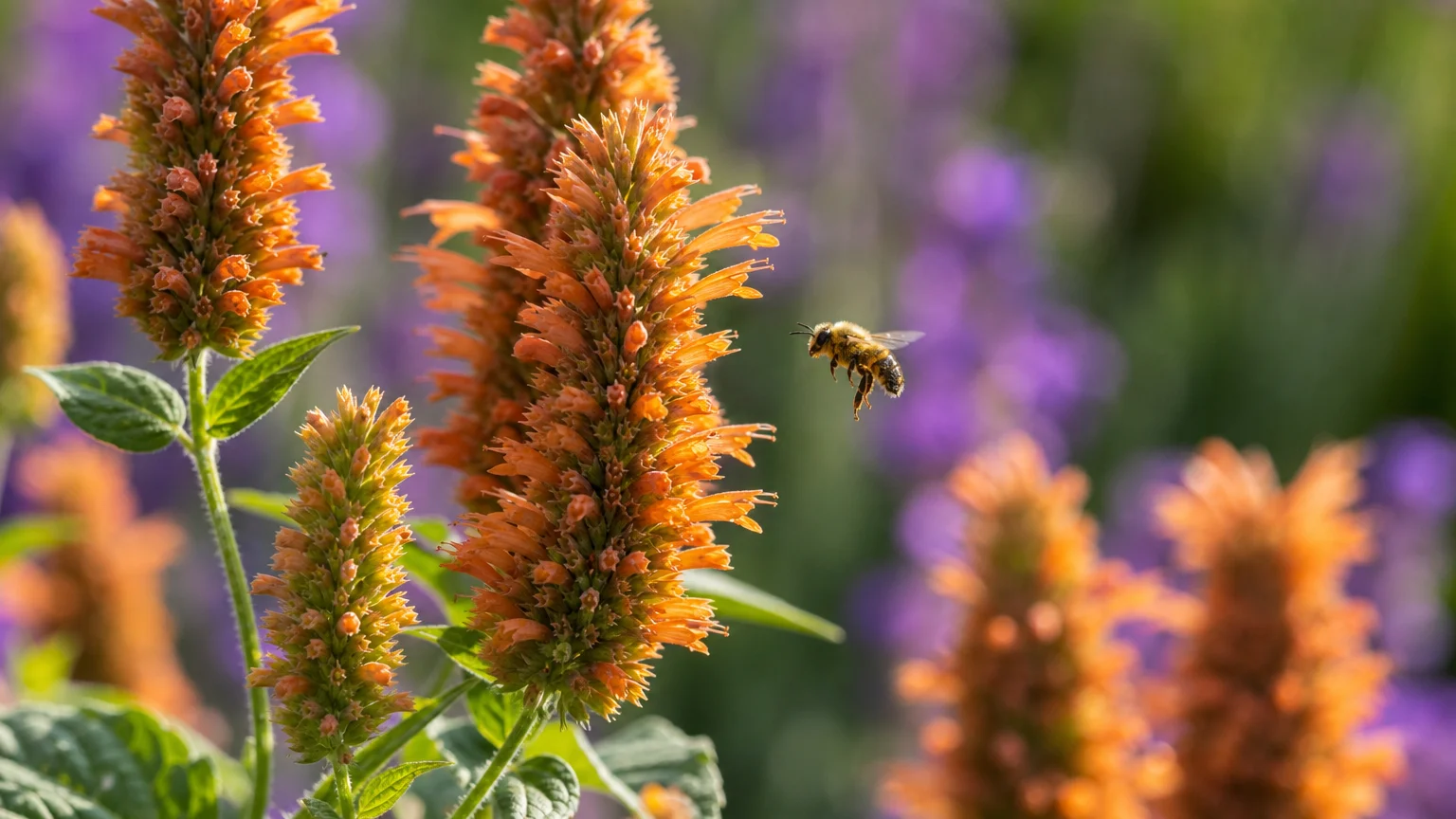 Close-up of apricot-colored Agastache flowers with a bee approaching, showing the plant's texture and pollinator appeal.