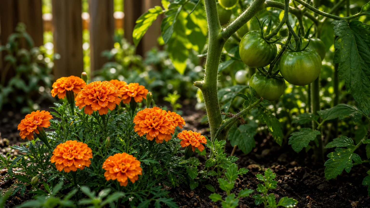 Close-up of bright orange marigolds growing at the base of a lush green tomato plant in a sunlit garden.