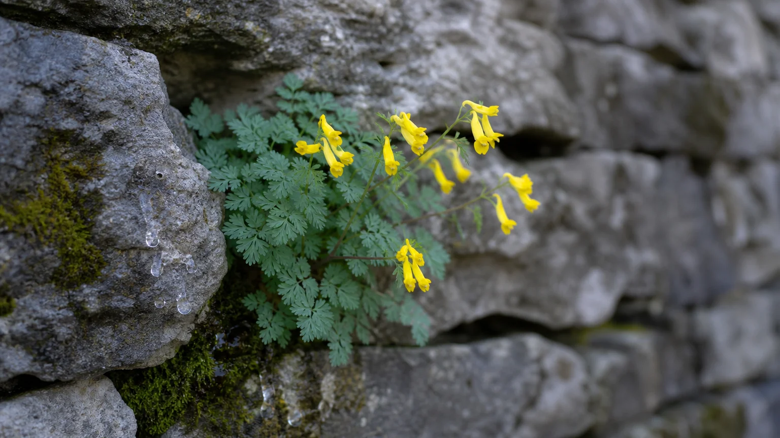 Close-up of bright yellow Corydalis flowers and fern-like leaves growing out of a crack in a grey stone wall.