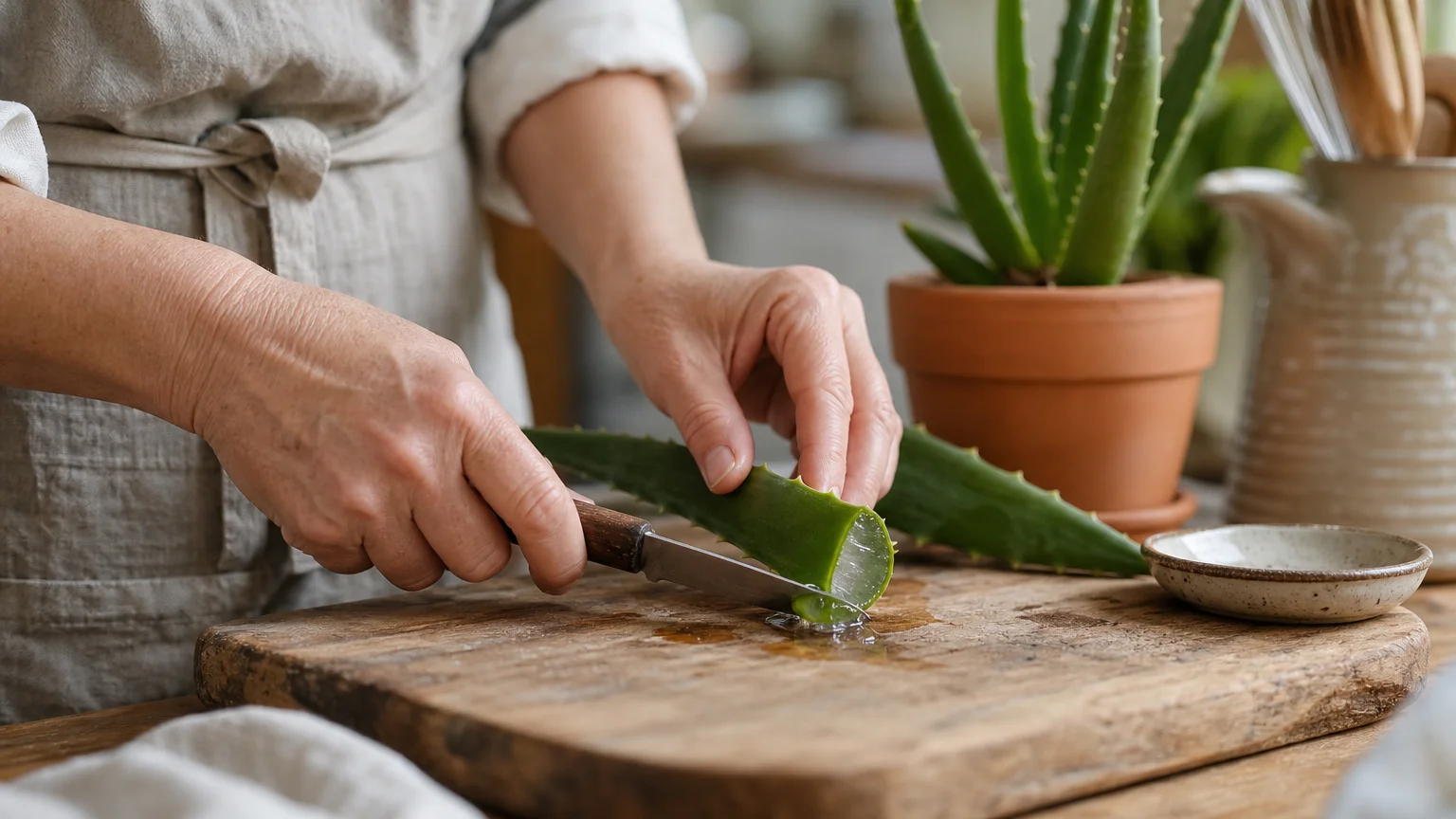 Close-up of hands cutting a fresh aloe vera leaf on a wooden board, revealing the soothing inner gel.
