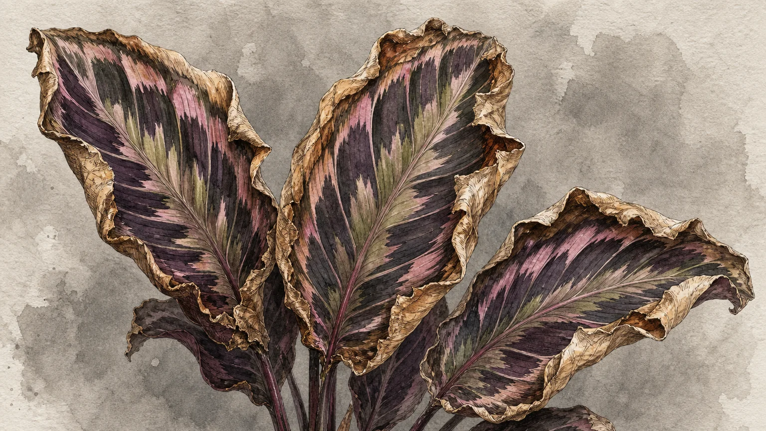 Detailed botanical watercolor of patterned Calathea leaves with brown, dry, curling edges from lack of humidity.
