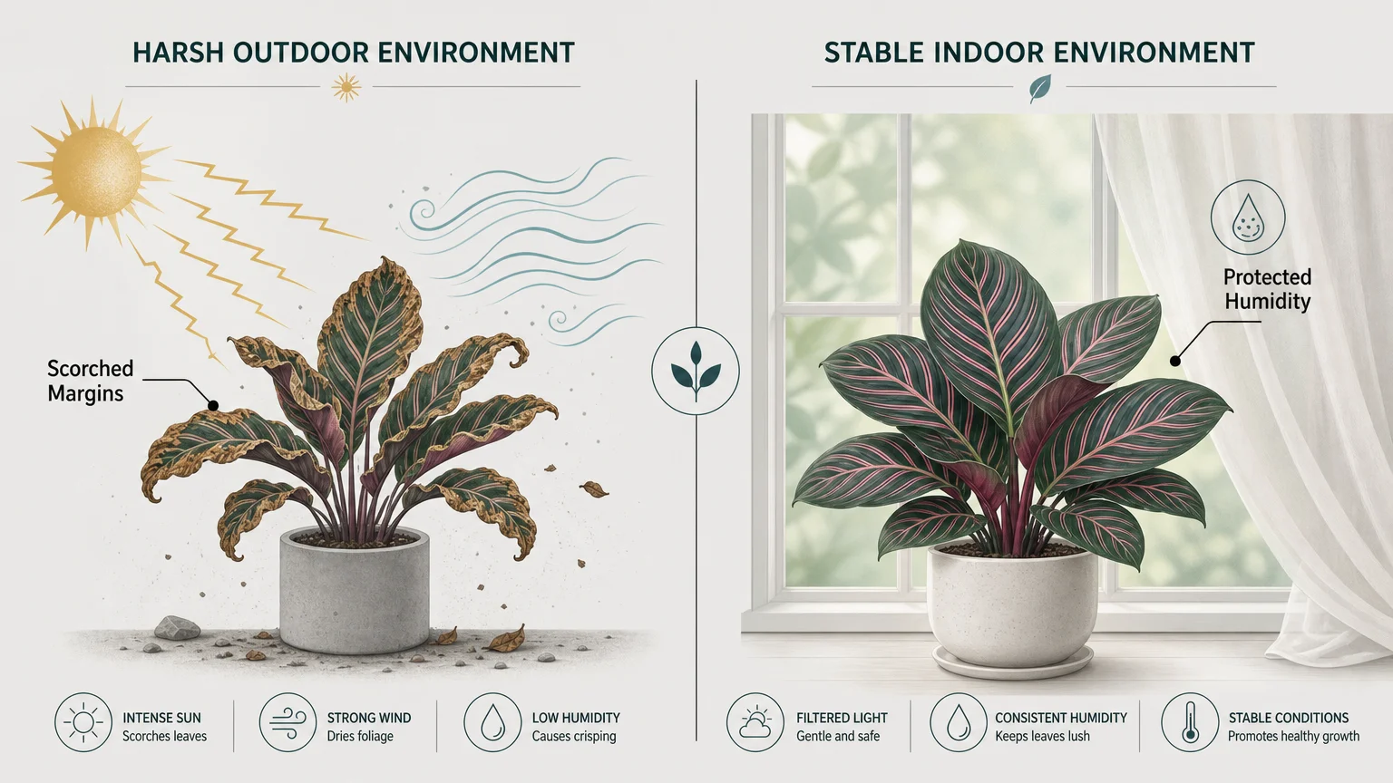 Diagram comparing an outdoor Calathea with scorched leaves to a healthy indoor Calathea protected by a window and sheer curtain.