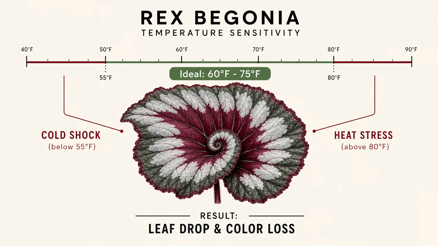 Diagram showing the ideal 60°F to 75°F temperature range for Rex Begonias, warning against cold shock and heat stress.