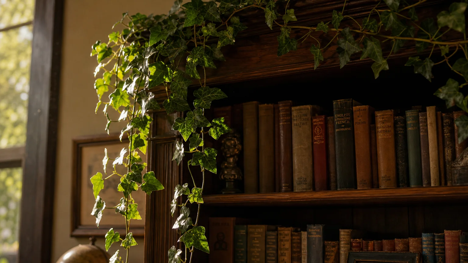 English Ivy vines cascading down a dark wood bookshelf filled with old books in warm afternoon light.