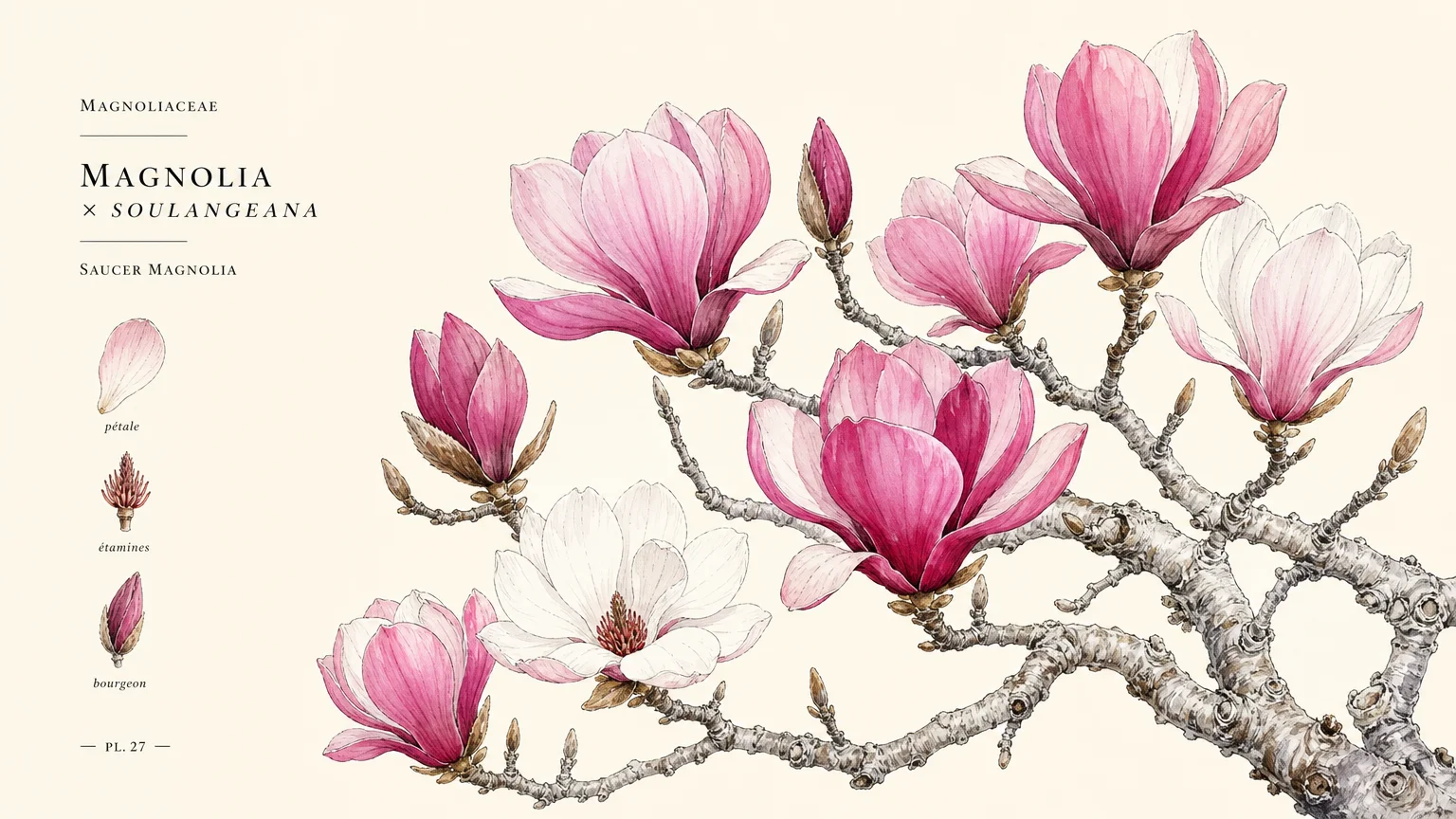 Gouache and watercolor illustration of pink and white goblet-shaped Saucer Magnolia flowers on bare gray branches.