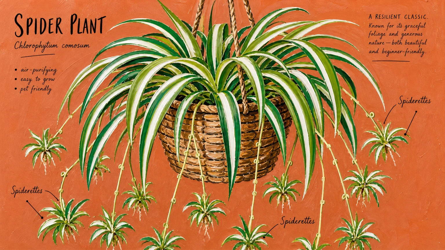 Gouache illustration of a Spider Plant showing its iconic arching leaves and small plantlets hanging from long stems.