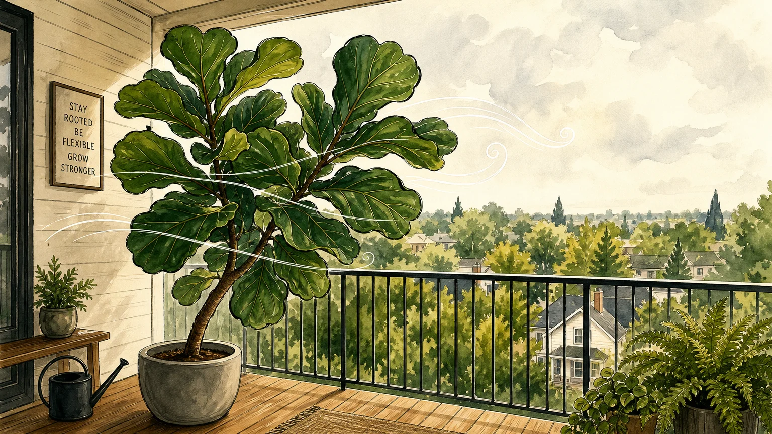 Gouache illustration of a tall Fiddle Leaf Fig plant on a balcony, its large green leaves gently rustling in an outdoor breeze.