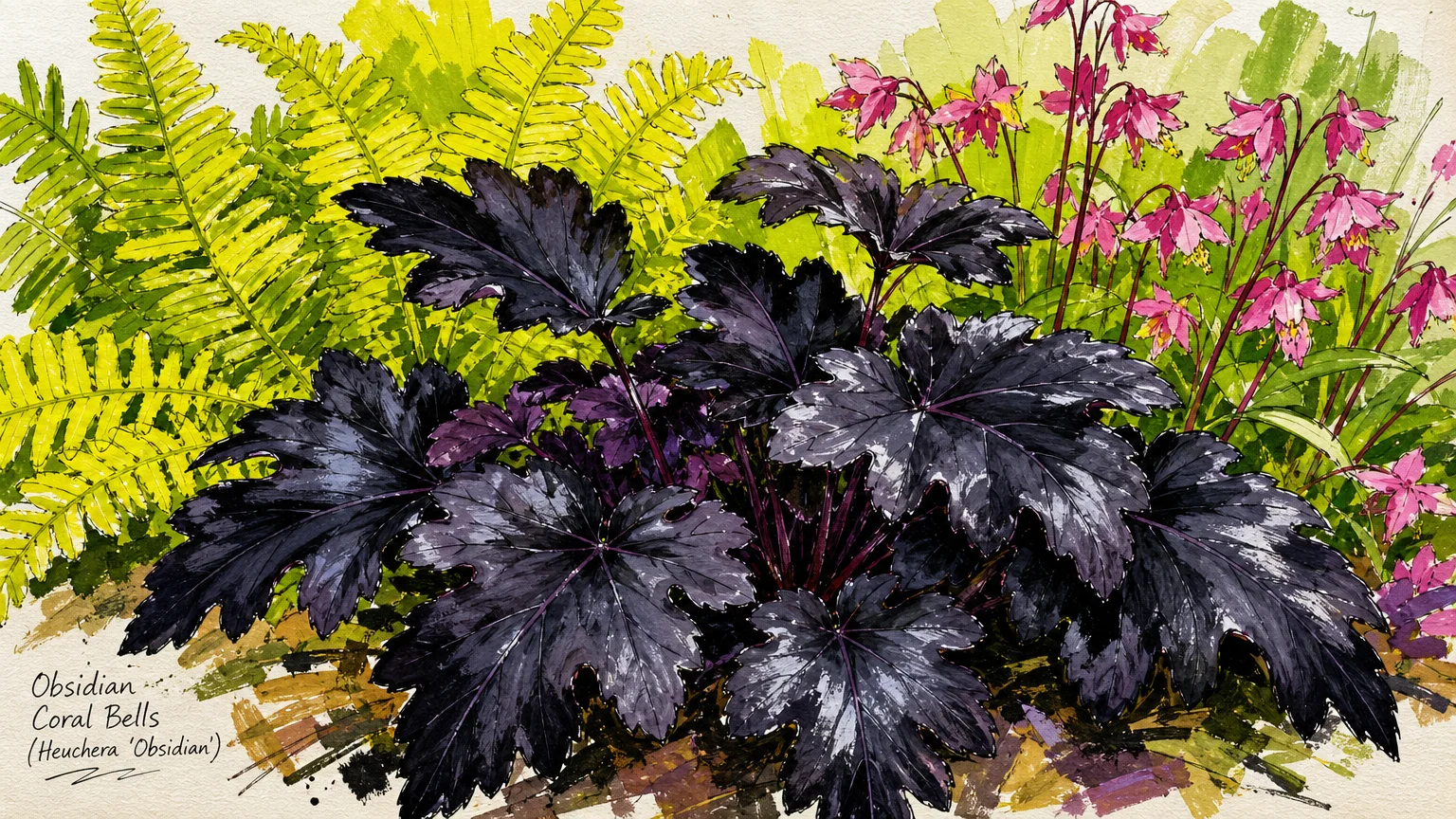 Gouache illustration of glossy, lobed Obsidian Coral Bells leaves nestled among bright chartreuse garden ferns.