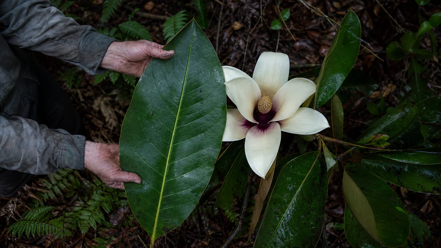 Hands holding a massive green leaf of a Bigleaf Magnolia next to a large white flower to show its giant scale.