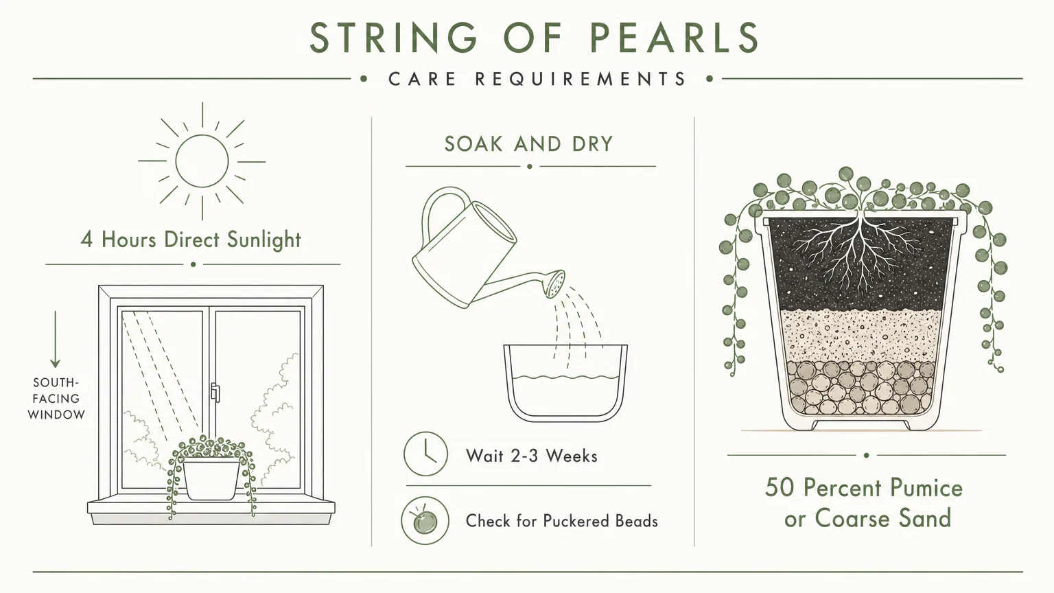 Infographic showing String of Pearls care: 4 hours of sunlight, soak-and-dry watering every 2-3 weeks, and 50% pumice soil.
