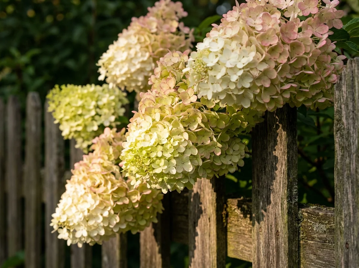 Large, cone-shaped white and lime-green panicle hydrangea flowers blooming heavily over a rustic wooden fence.