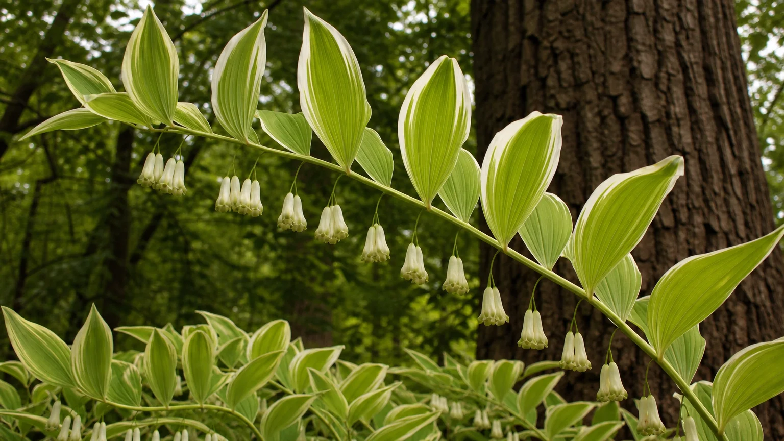 Looking up at the arching stems of Solomon's Seal with white-edged leaves and hanging bell flowers.