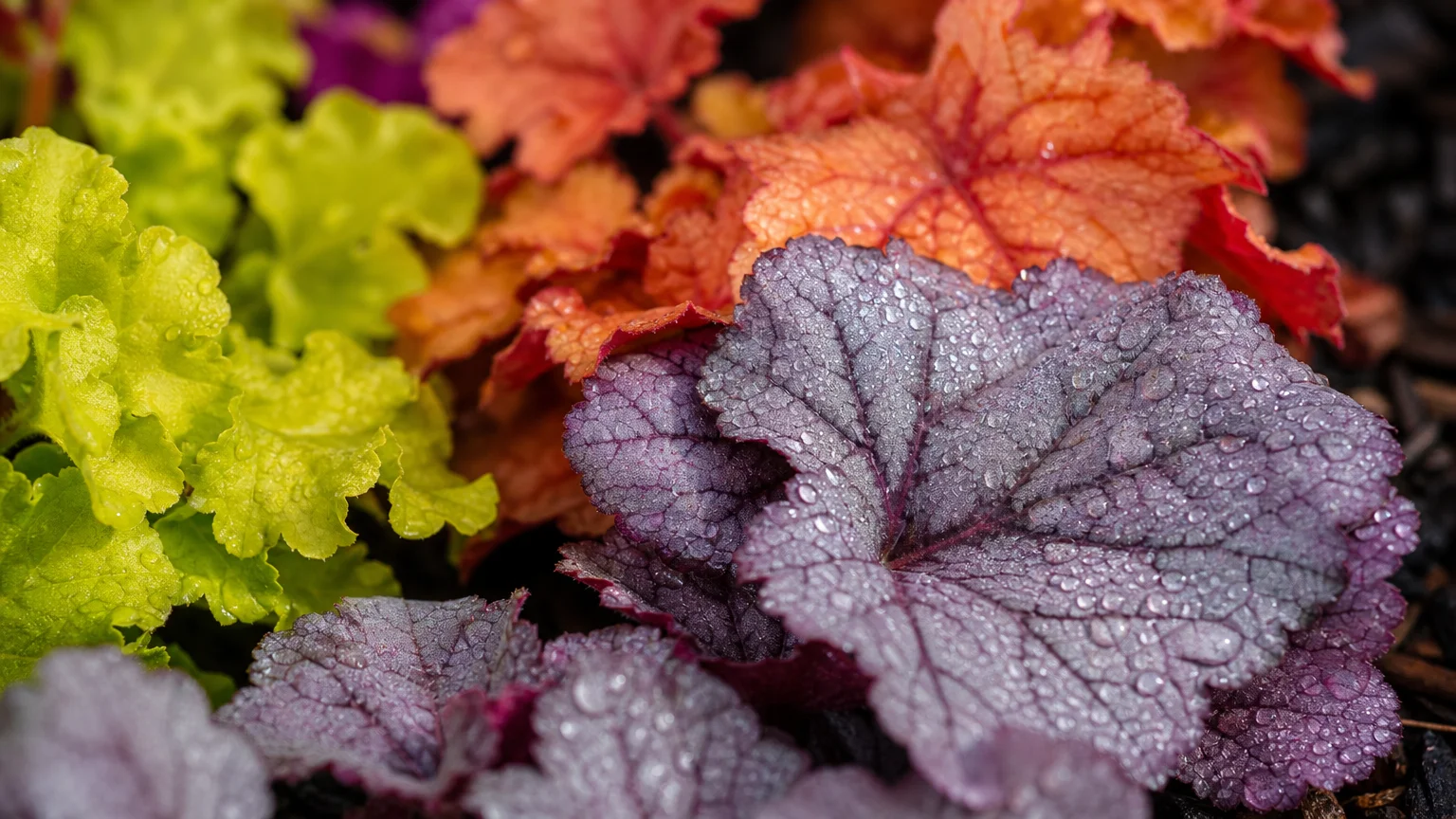 Macro photo of colorful Heuchera leaves in shades of lime green, deep purple, and caramel with silver veining.
