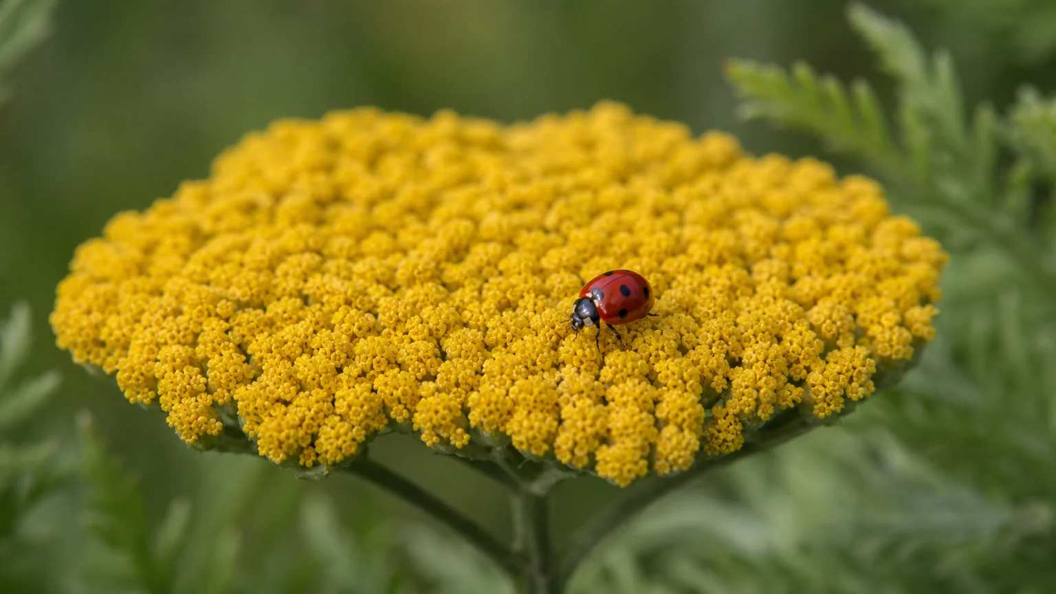Macro photograph of a yellow yarrow flower head with a small red ladybug walking across the tiny florets.
