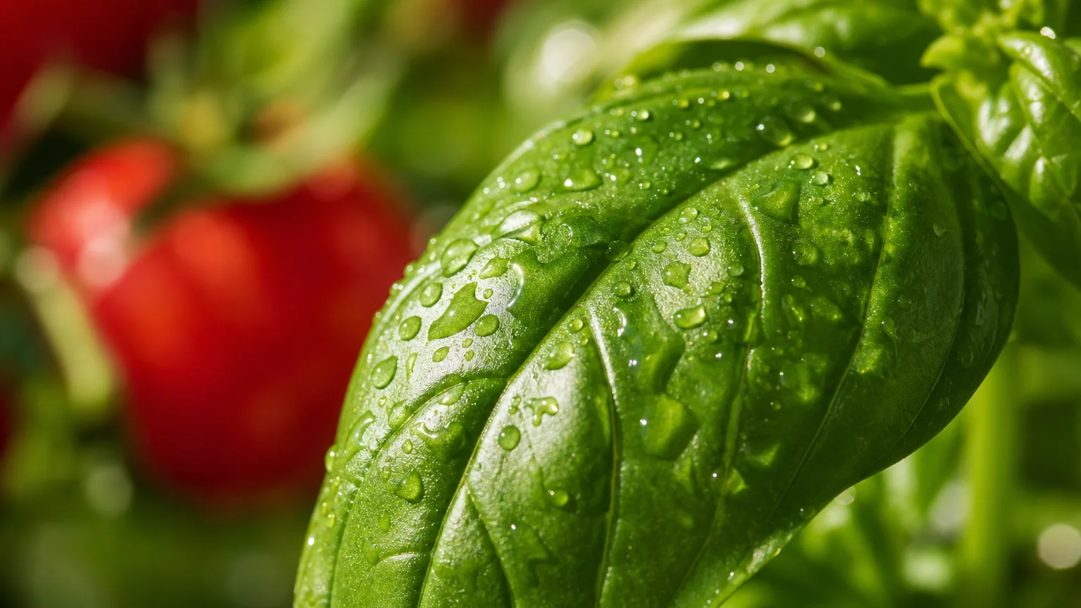Macro shot of a shiny, green basil leaf with water droplets, growing in a sunny garden.
