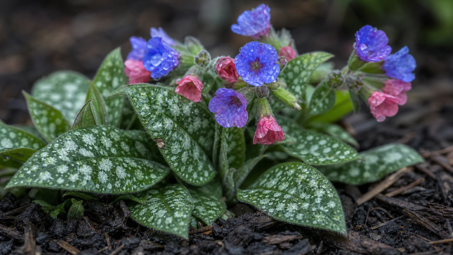Macro view of green Lungwort leaves with silver spots and small blue and pink flowers in a garden.