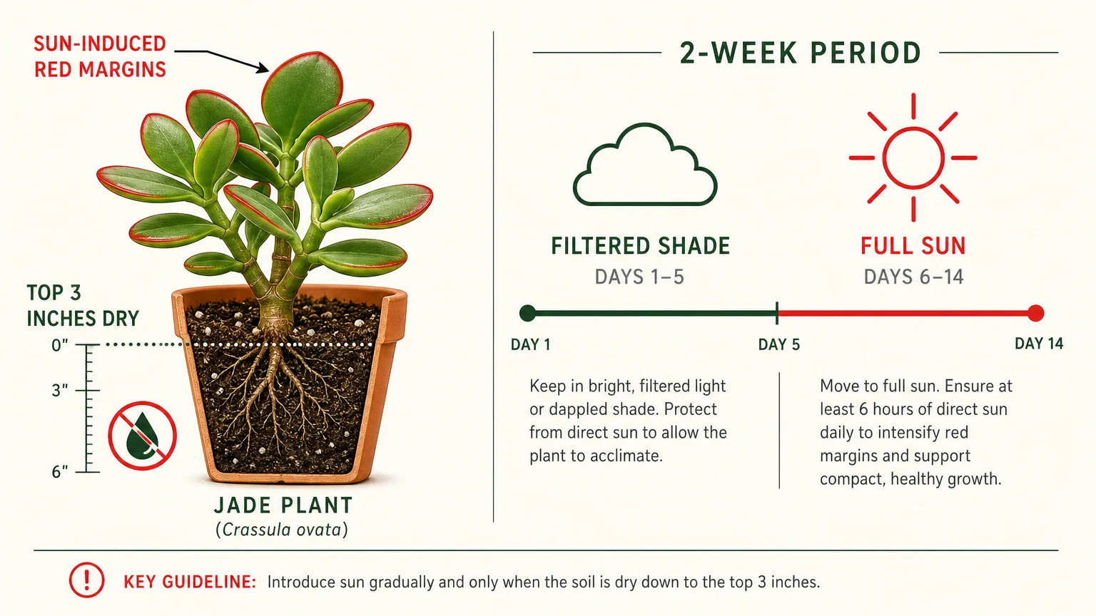 Minimalist diagram showing a Jade plant's soil watering depth of 3 inches and a 2-week timeline for sun acclimation.