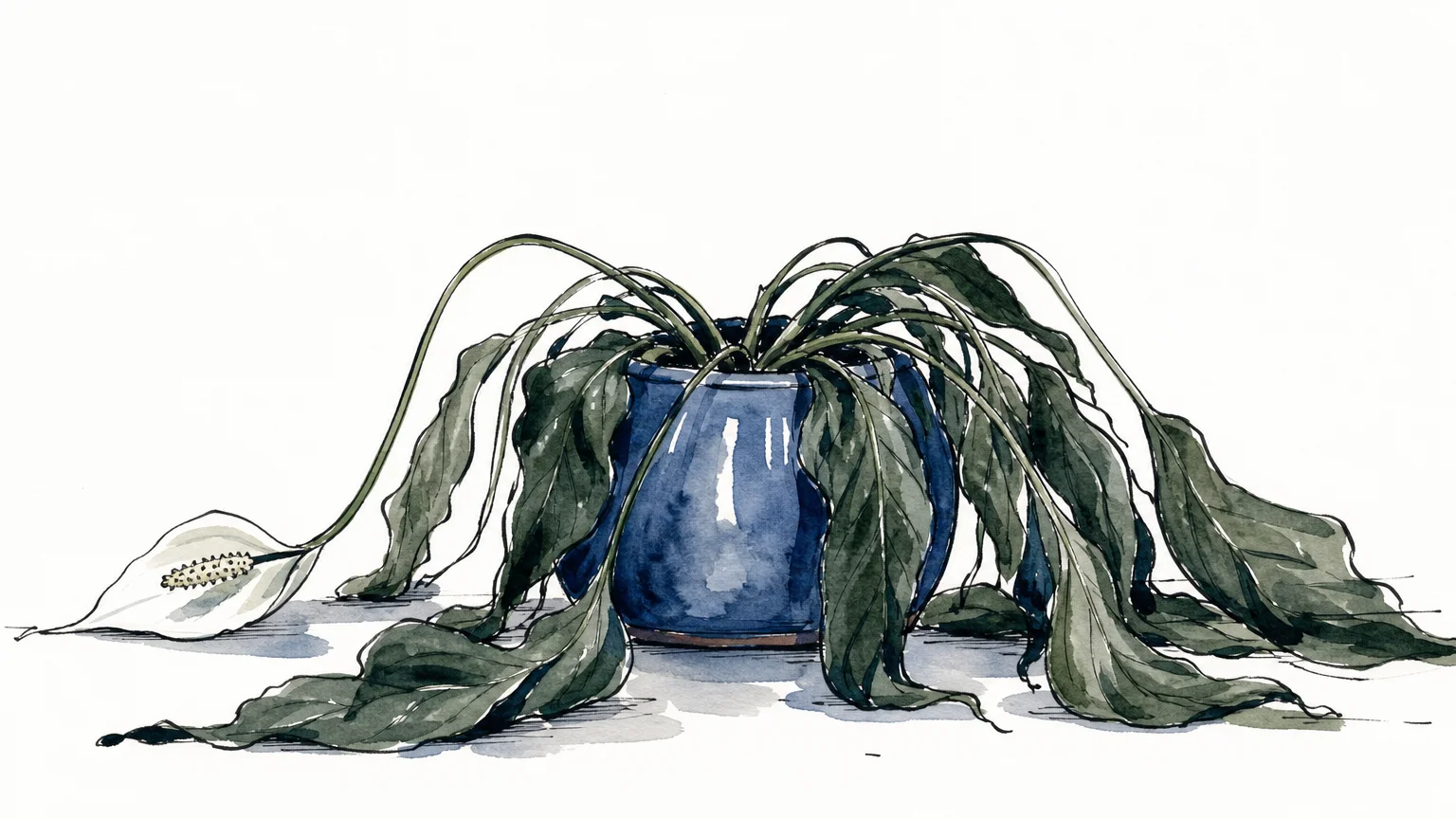 Minimalist ink and watercolor illustration of a collapsed, dramatically 'fainted' Peace Lily hanging over its blue pot.