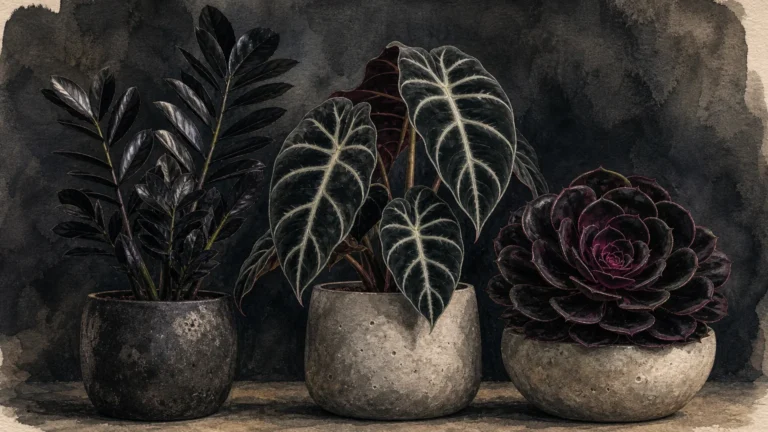 Moody gouache illustration of three striking black plants in minimalist pots against a textured dark background.