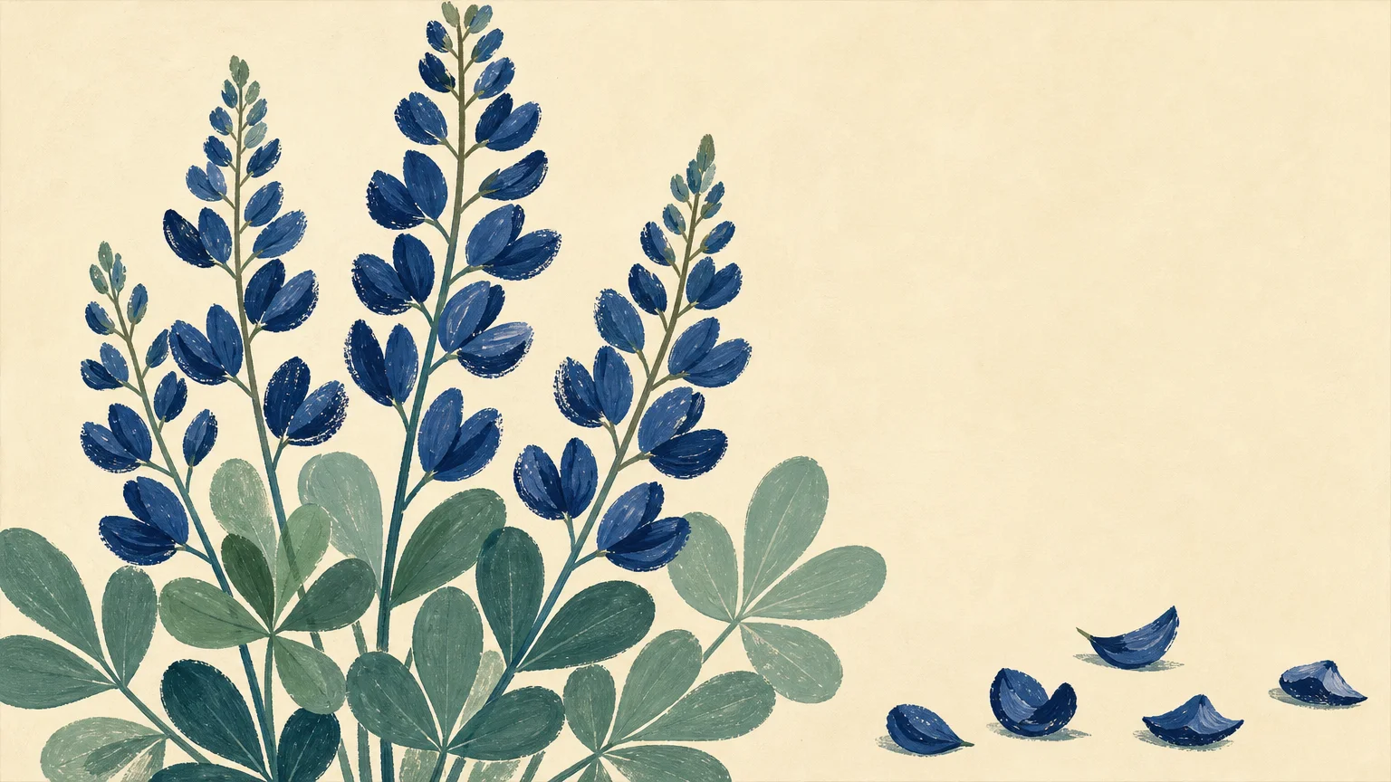 Stylized gouache painting of deep blue Baptisia flowers and green leaves against a cream background.