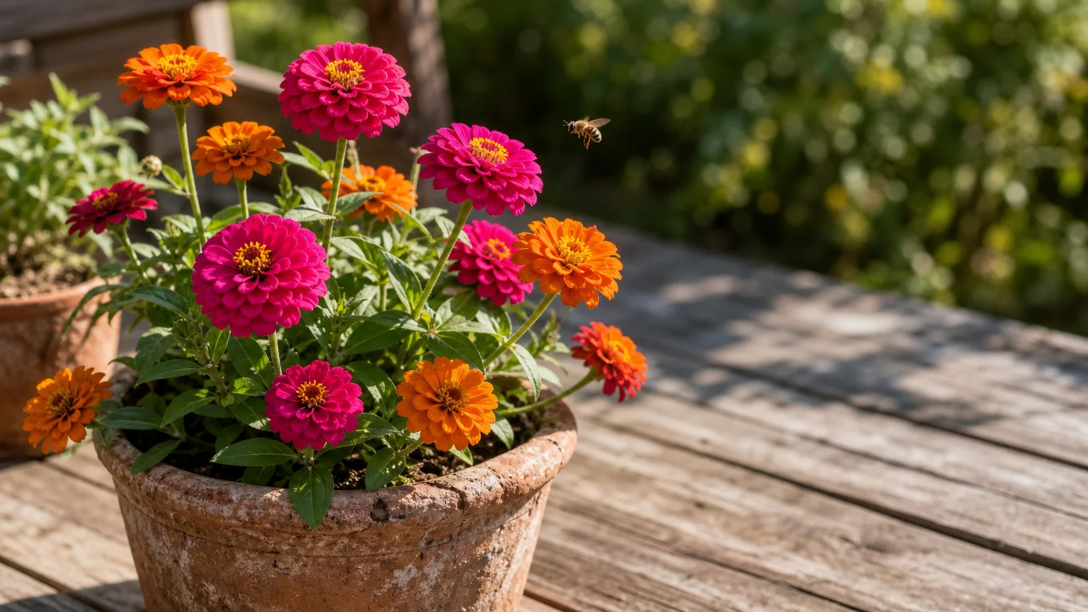 Vibrant magenta and orange Zinnias blooming in a terracotta pot on a sunlit wooden deck.