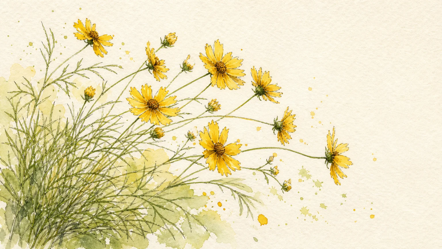 Watercolor and ink illustration of bright yellow threadleaf coreopsis flowers against a cream background.