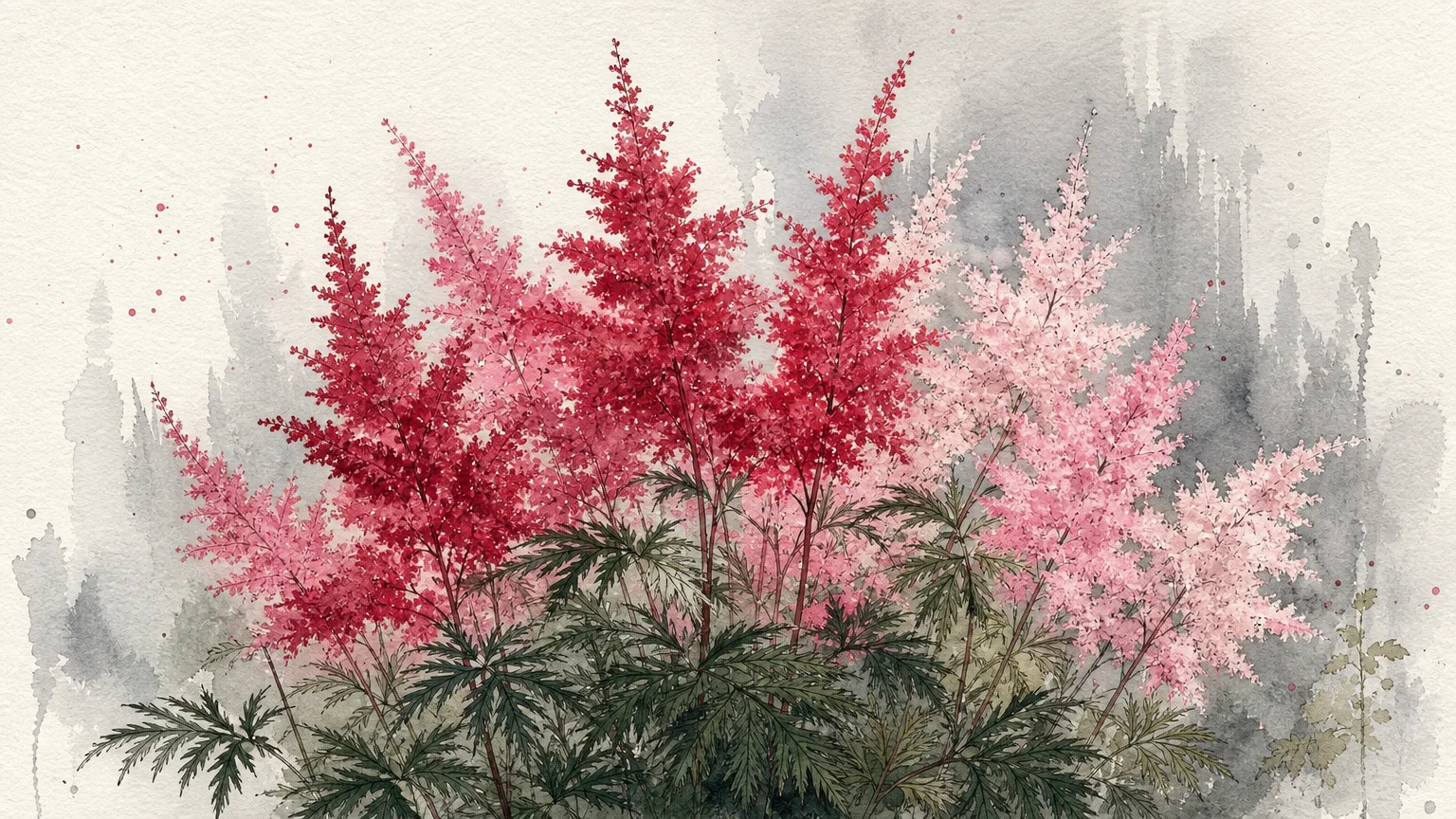 Watercolor and ink illustration of vibrant pink and red astilbe plumes with delicate, fern-like leaves.