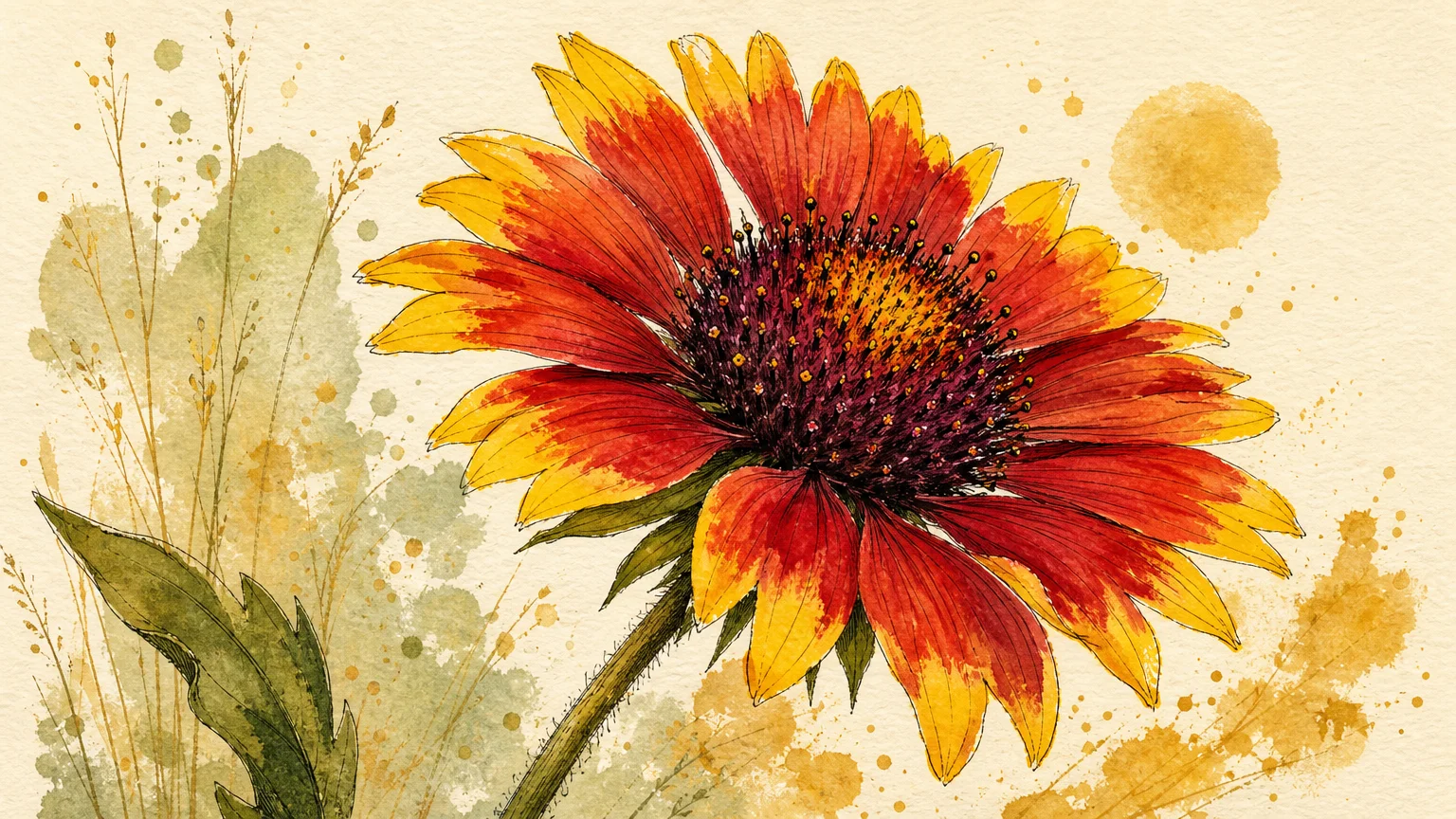 Watercolor illustration of a bright red and yellow Blanket Flower with a textured cream background.