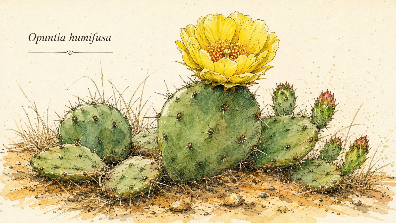 Watercolor illustration of a green Eastern Prickly Pear cactus with flat pads and a bright yellow blossom blooming on top.